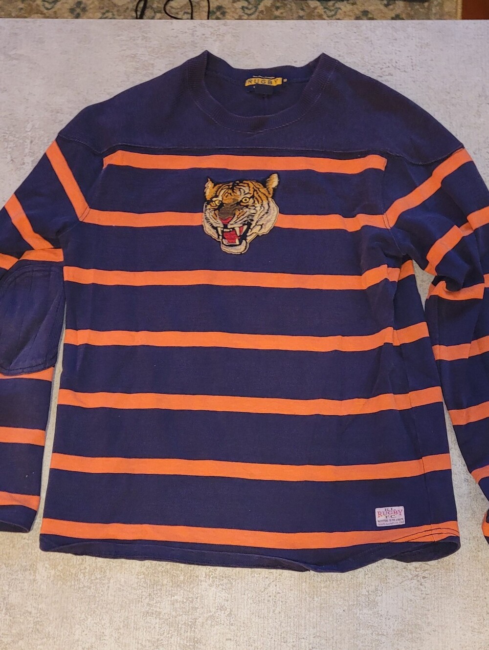 Ralph Lauren Vintage Tiger 2004 Rugby Navy & Orange Striped Long Sleeve MEDIUM
